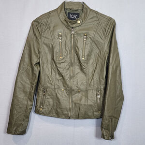 TCEC Faux Leather Women's Moto Jacket Army Green Sz L